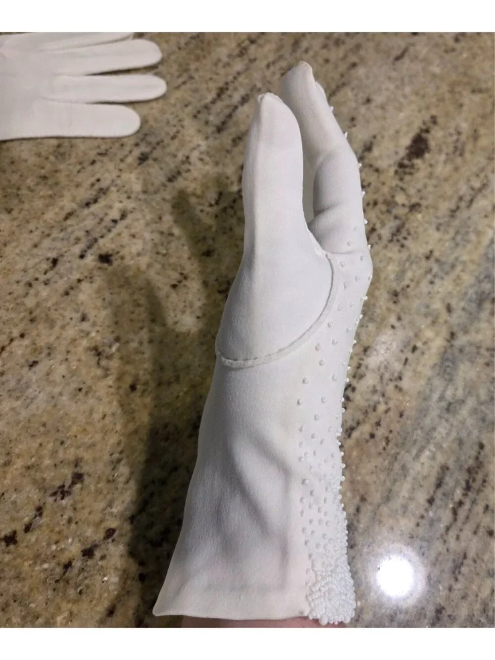 Vintage Womens Size L Off-White Cotton Stretch Formal Gloves Beaded Scallop...